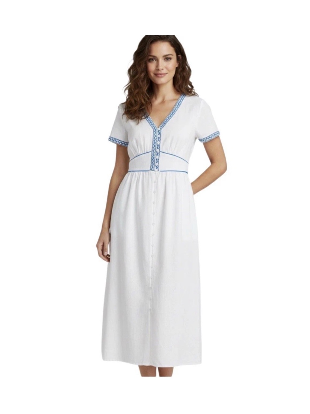 J Crew women's white linen button down dress with blue trim, size 12